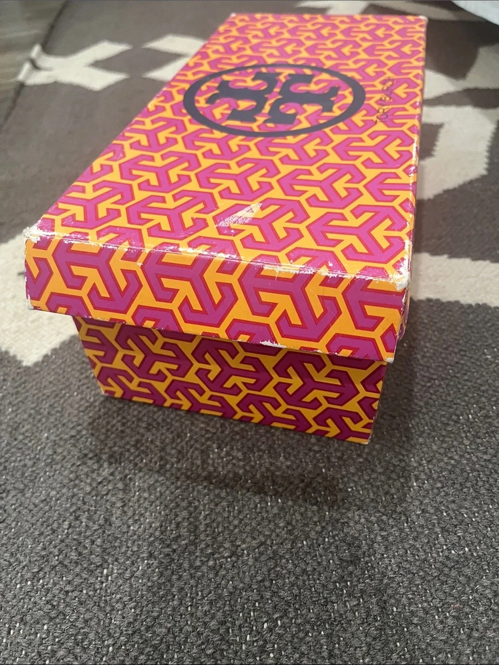 Tory Burch Pink and Yellow Logo Shoe Box Storage Box
